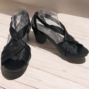 Umberto Raffini Black Leather Crisscross Block Heel Sandals